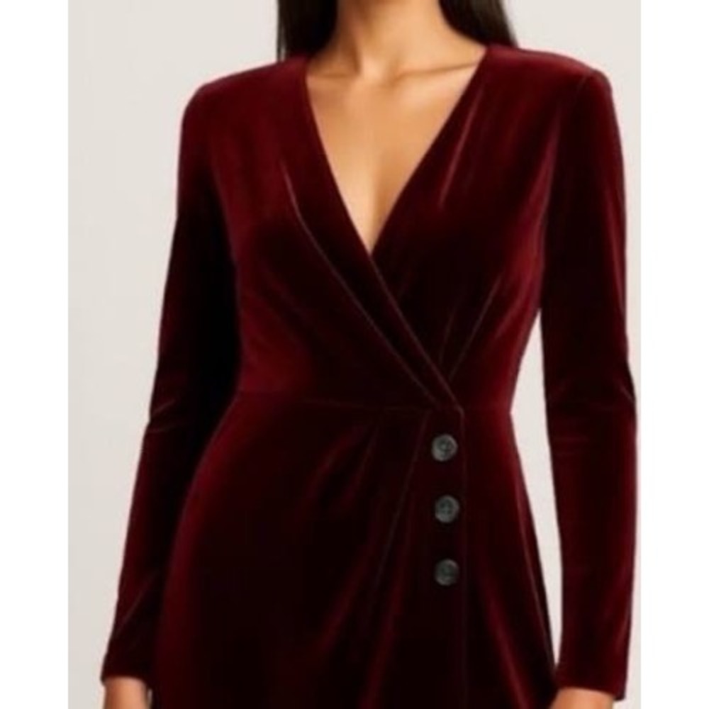 The Kooples Burgundy Velvet Wrap‎ Dress Jeweled Buttons Long Sleeve Midi FR3/USL